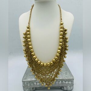 Vintage Elegant Matt Gold Tone Beaded And Wire Mesh Bib Necklace 21” Long